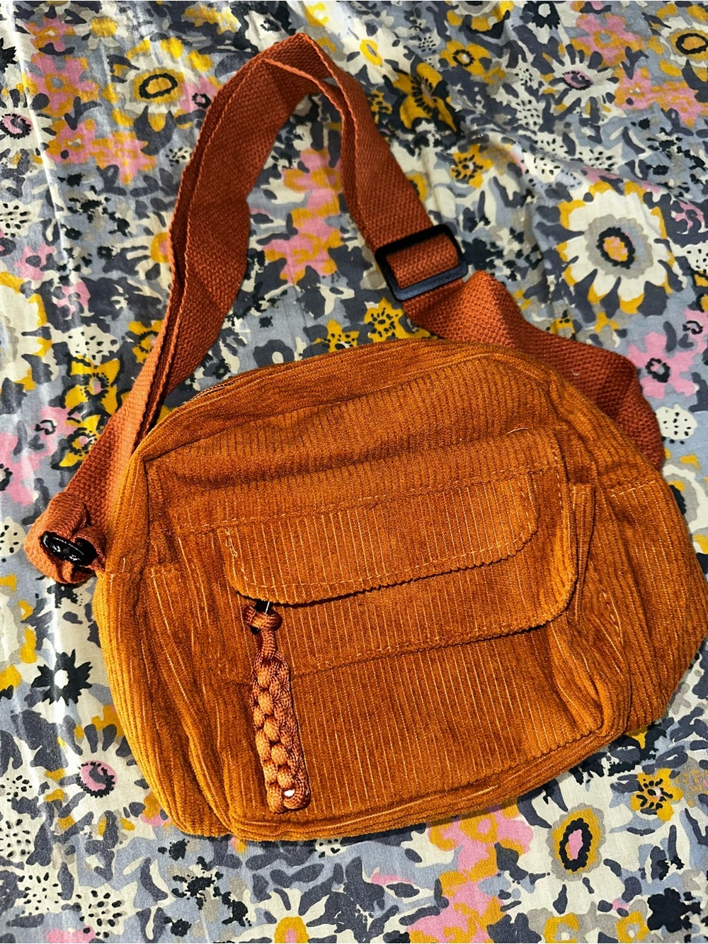 Harajuku Lovers Corduroy Crossbody Bag in Rust Orange